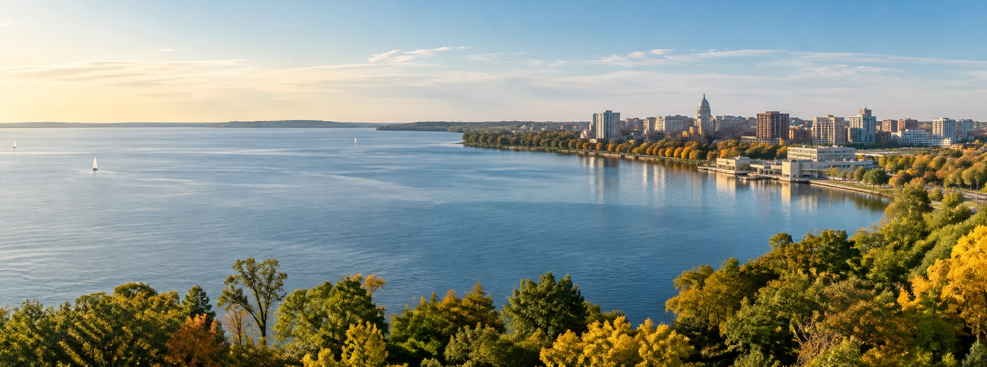 A Wisconsin-inspired lakefront and tree-lined city shoreline in autumn